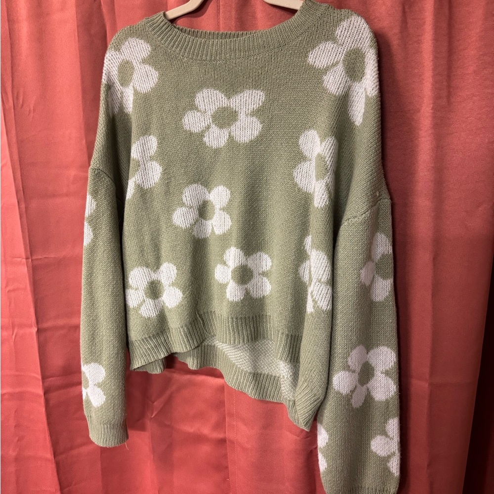 Floral Knit Sweater - Green and White